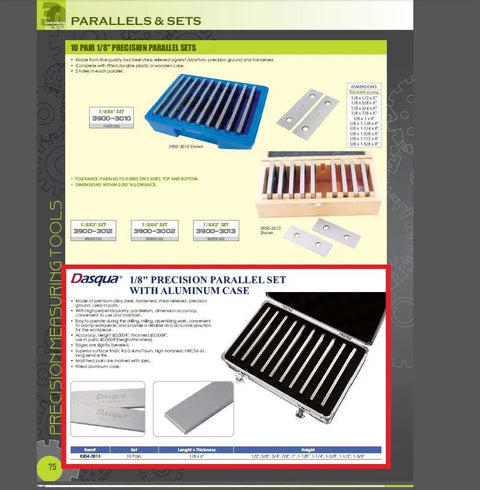 10 Piece Premium Pro Grade Parallel Gauge Set One Eighth Inch By Six Inch With Aluminum Case, product sheet display