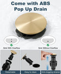 Antique Brass 4 Inch Centerset Bathroom Faucet With Two Cross Handles Retro RV Style Mixer Tap For 3 Hole Basins Vanity Lavatory Includes Hoses And Pop Up Drain, showing detachable ABS pop-up drain with anti-clogging strainer
