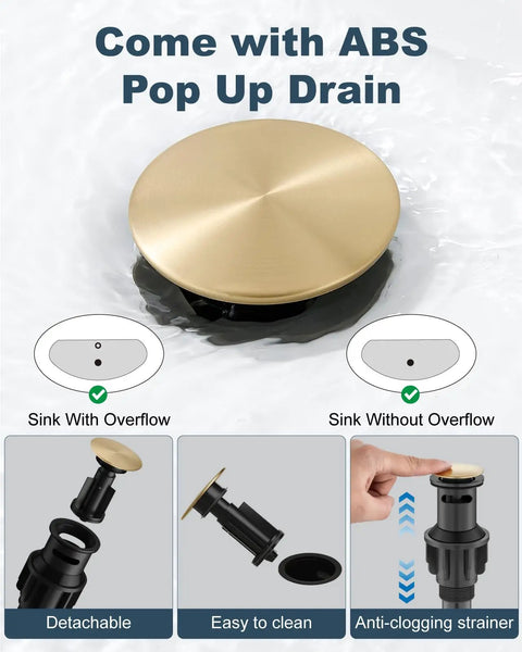 Antique Brass 4 Inch Centerset Bathroom Faucet With Two Cross Handles Retro RV Style Mixer Tap For 3 Hole Basins Vanity Lavatory Includes Hoses And Pop Up Drain, showing detachable ABS pop-up drain with anti-clogging strainer