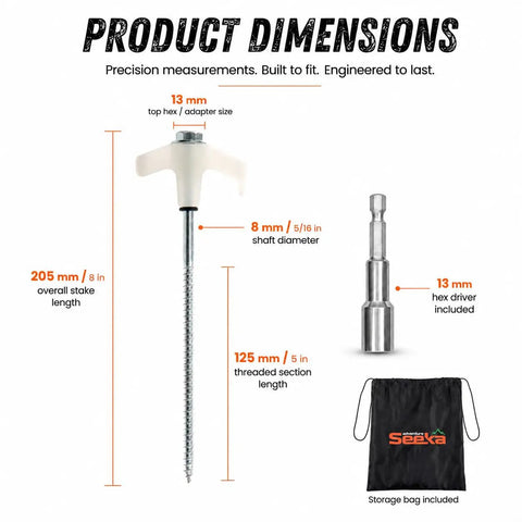 Dimensions of 15 Pack 8 Inch Heavy Duty Screw In Tent Stakes Drill In Ground Anchor Pegs With Hex Head Driver And Storage Bag