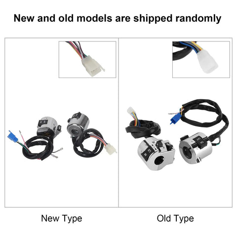 Universal 25mm Motorcycle Handlebar Switch Pair Headlight Turn Signal and Horn Control Set Tactile Rubber Buttons showing new and old types.