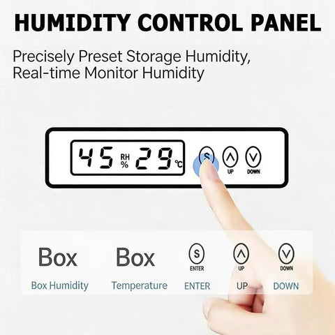 Smart 3D Printer Filament Dry Storage Cabinet Featuring Intelligent Auto Humidity Control showing a humidity control panel display.
