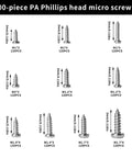 Ultra Handy 1200-Piece Mini Screw Kit For Glasses and Electronics showing various Phillips self-tapping screws sizes including M1, M1.2, M1.4, M1.7.