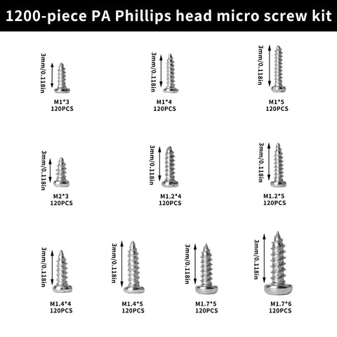 Ultra Handy 1200-Piece Mini Screw Kit For Glasses and Electronics showing various Phillips self-tapping screws sizes including M1, M1.2, M1.4, M1.7.
