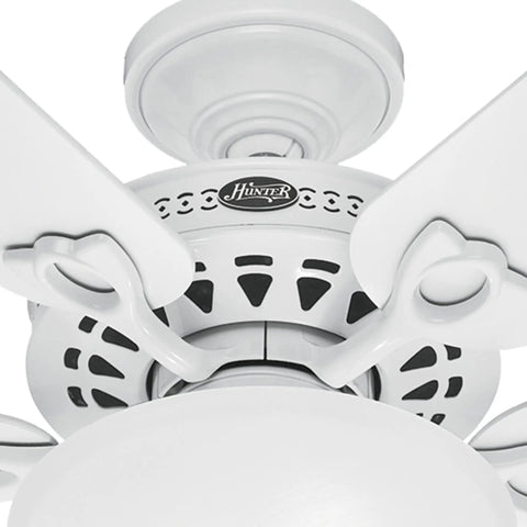 Close-up of Astoria 52 Inch White Ceiling Fan With LED Light Kit And Pull Chain, showing whisper wind motor and blade details