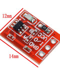 Close-up view of TTP223 capacitive touch switch module, 12x14 mm, red circuit board with visible components and measurement labels.