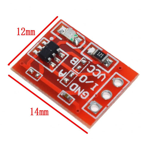 Close-up view of TTP223 capacitive touch switch module, 12x14 mm, red circuit board with visible components and measurement labels.