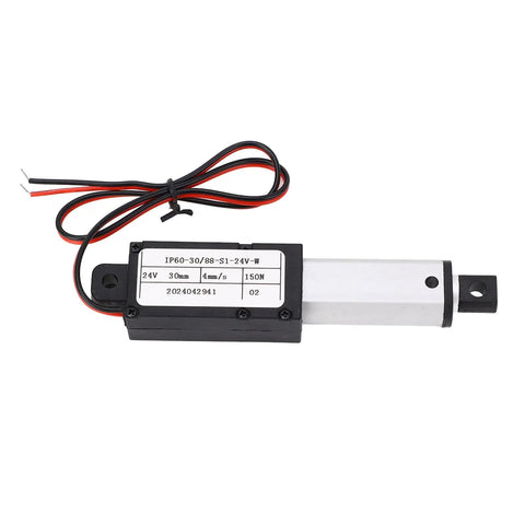 Straight Up Heavy Duty 24V Electric Linear Actuator With 30mm Stroke And 150N Thrust IPX4 design, compact size and wiring visible.