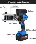 Heavy Duty 21V Cordless Electric Hydraulic Crimping Pliers With 40Ah Battery And Cable Cutter, showing components and controls.