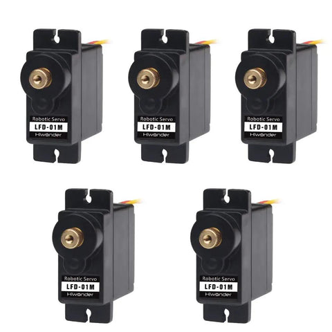 5-pack 9G Metal Gear Micro Servo Motor For Robot DIY Projects Anti Blocking LFD 01M with high torque, shown in black casing.