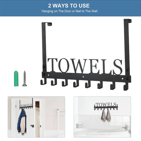 Over The Door Towel Rack With 8 Heavy Duty Hooks Wall Mount Option assembled in black manganese steel with screws and wall plugs.