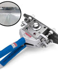 8 Inch Hand Held Crimp Heat Sealer For Bags Portable Stainless Steel Tool With Insulated Grips Easy Clamp Operation Quick Heat Bond For Aluminum Foil Kraft Bags Durable Sealer For Food Storage And Packaging shown in detail with blue grips and metal components, focused on sealing edge.