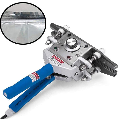 8 Inch Hand Held Crimp Heat Sealer For Bags Portable Stainless Steel Tool With Insulated Grips Easy Clamp Operation Quick Heat Bond For Aluminum Foil Kraft Bags Durable Sealer For Food Storage And Packaging shown in detail with blue grips and metal components, focused on sealing edge.