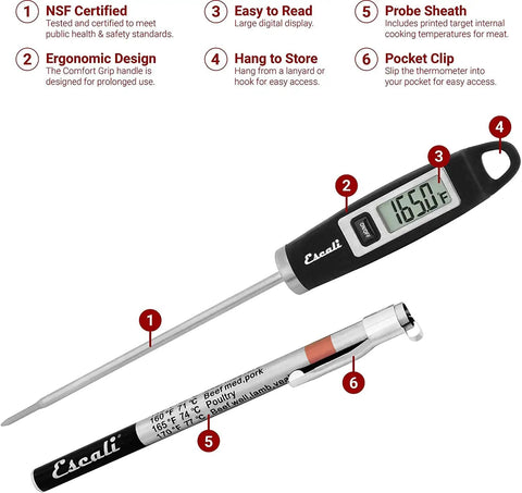 Gourmet Digital Meat Thermometer With Extra Long Probe For Precision Cooking, NSF Certified, Black, with sheath at 165°F