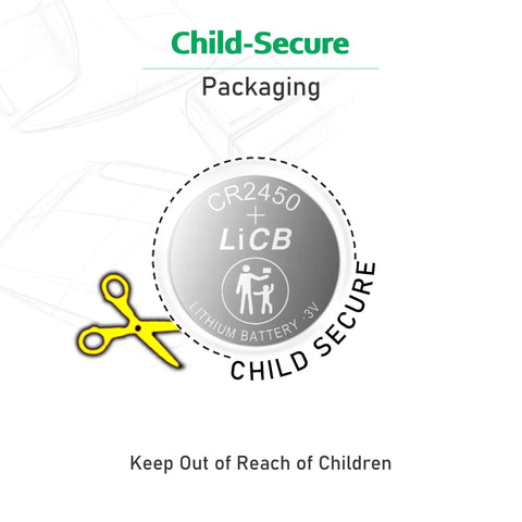 CR2450 3V Lithium Batteries 10 Pack Grade A Coin Cell Power for Automotive Key Fobs with child secure packaging.