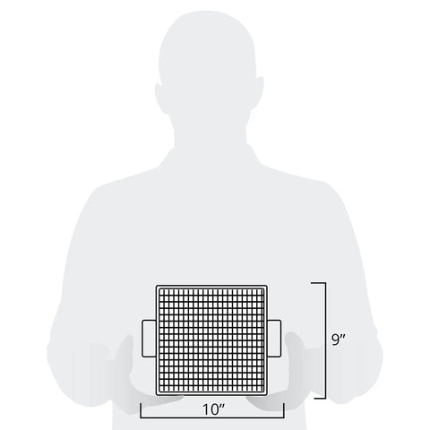 Illustration showing size of 9x10 inch Air Fryer Crisper Basket and Tray Set with Grease Catcher, held by silhouette.
