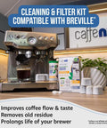 Breville Espresso Machine Cleaning Kit With 52 Two-Gram Tablets And 6 Filters next to an espresso machine on a countertop.