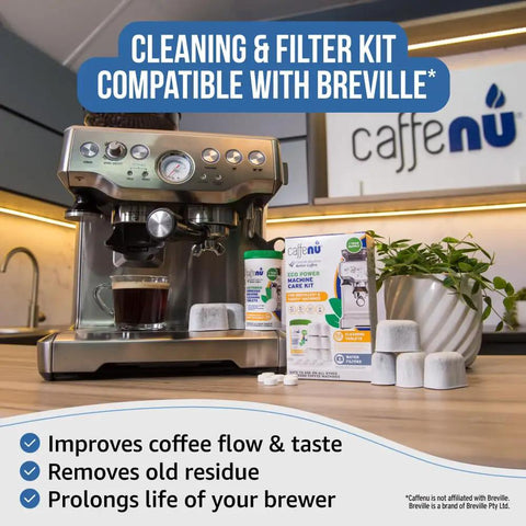Breville Espresso Machine Cleaning Kit With 52 Two-Gram Tablets And 6 Filters next to an espresso machine on a countertop.