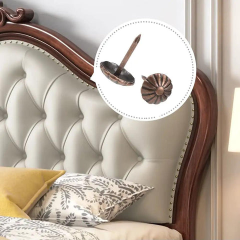 Premium Antique Brass Upholstery Tacks 120 Pack Featuring 7 16 Inch Heads for sofa chair restoration on upholstered headboard.