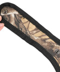 Waist Belt Crossbow Arrow Quiver Holder with Camo Strap showing snap fastener and fabric detail