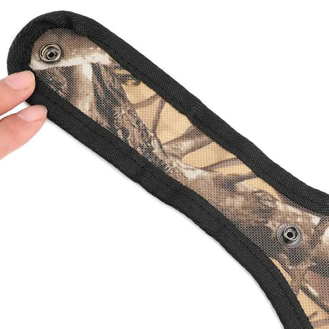 Waist Belt Crossbow Arrow Quiver Holder with Camo Strap showing snap fastener and fabric detail