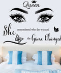 Motivational Eyelashes And Eyes Wall Decal With Crown And Butterflies For Women And Girls Inspirational Quote Wall Art For Bedroom And Living Room Boss Babe Vibe Positive Sticker, decorative bedroom wall with quote and illustrations above bed.