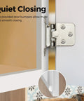 Real Solid Brushed Nickel Cabinet Hinges 30 Pack 15 Pair showing quiet closing feature and door bumper in use.