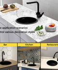 Stainless Steel Kitchen Sink With Black Faucet For Small Kitchens Built Tough Undermount Or Drop In Single Basin Mini Bar Sink 11.8 Inch Wide Ideal For Busy Homes Apartments shown in marble countertop setup