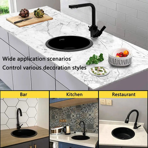 Stainless Steel Kitchen Sink With Black Faucet For Small Kitchens Built Tough Undermount Or Drop In Single Basin Mini Bar Sink 11.8 Inch Wide Ideal For Busy Homes Apartments shown in marble countertop setup