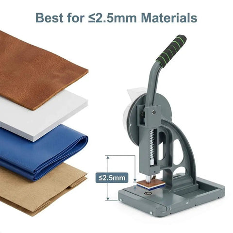 Semi Automatic Grommet Machine Heavy Duty Hand Press For Eyelets And Punching Includes 5000 Three Eighths Inch Grommets Easy Feeding Tool Perfect For Banners Awnings Posters And DIY Projects, shown with materials up to 2.5mm thickness