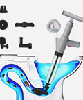 Beast Mode Heavy Duty Toilet Plunger And Drain Snake Set For Bathroom Clog Removal displayed with attachments and pressure gauge