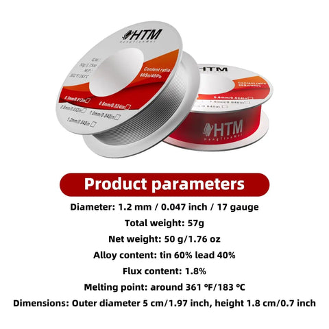 60-40 Rosin Core Solder Wire For Electronics Low Temperature Tin Lead Sn60Pb40 1.2mm, two spools showing product details.