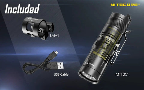 920 Lumen ARC Rail Tactical Helmet Light Rechargeable Rotary Mount With Red Light 360 Degree Rotation Eight Position Lock One Hand Operation For Ops-Core ARC Helmets with accessories including MT10C flashlight, USB cable, and LMA1 mount.