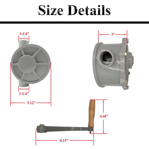 Size details of Aluminum Drum Rotary Hand Pump For 30 To 40 Gallon Gas And Diesel Caddy, Easy To Handle, One And A Quarter Inch Inlet And Outlet Pipe, Portable Oil Transfer Pump For Fast, Reliable Fuel Moves.