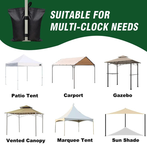 130 Lbs 4 Pack Universal Canopy Weights With Reinforced Double Pockets displayed near various tents and gazebos