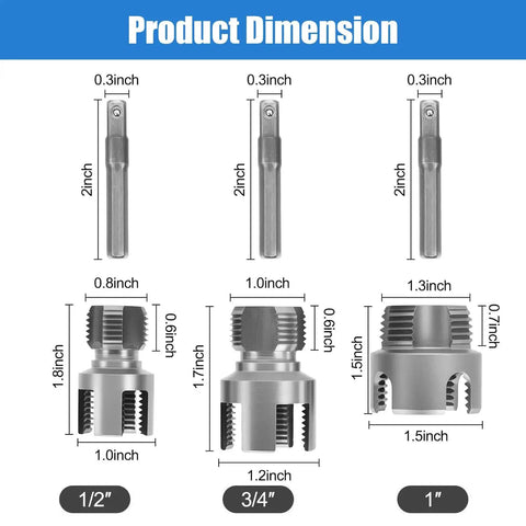 Triple Pack Pipe Thread Cutting Tool For Internal And External Threads, PVC Threader dimensions for 1/2, 3/4, and 1 inch pipes