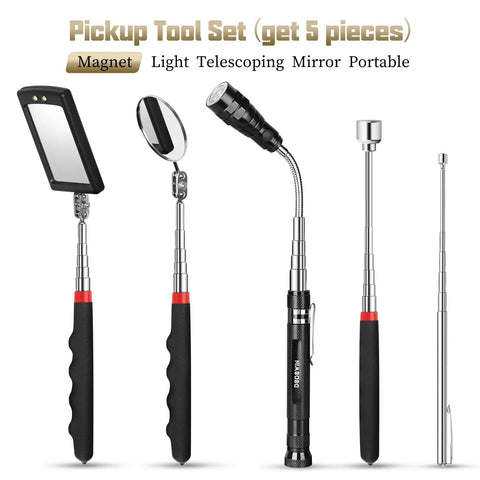Extendable Magnetic Pickup Tool Set Five Piece With Telescoping Handles And Magnetic Flashlight Includes One Pound And Eight Pound Sticks Round And Square 360 Degree Adjustable Inspection Mirror The Perfect Gift For Him