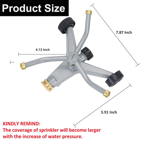 Heavy Duty Metal 3-Arm Rotating Sprinkler With Wheeled Base, 360 Degree Lawn Sprinkler for Small Yards, dimensions shown