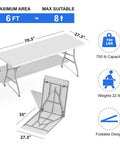 Diagram showing 700 lb capacity white 6 ft folding table for indoor and outdoor use with dimensions and foldable design