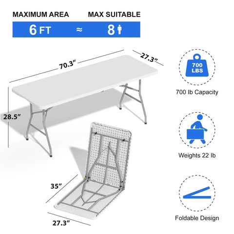 Diagram showing 700 lb capacity white 6 ft folding table for indoor and outdoor use with dimensions and foldable design