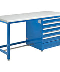 72X30 Modular Workbench With Five Deep Locking Drawers And Smooth Glide Rollers, ESD Safe Laminate Top With Guarded Edge, Built Like A Tank Blue Fabricated Steel For The Shop viewed from the side.
