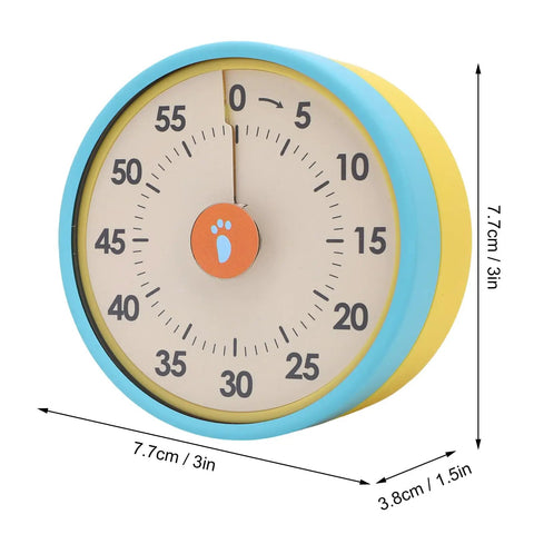 Dual Mode 60 Minute Mechanical Kitchen Timer With Magnetic Back And Built In Stand For Cooking And Baking, Great For Study, Classrooms, Office, Kids And Adults in blue and yellow with foot icon.