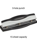 Heavy Duty 3 Hole Punch For Office Paper, High End Adjustable Desktop Punch with 15 Sheet Capacity, Sleek Black and Silver Design