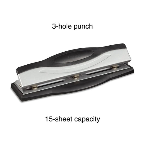 Heavy Duty 3 Hole Punch For Office Paper, High End Adjustable Desktop Punch with 15 Sheet Capacity, Sleek Black and Silver Design