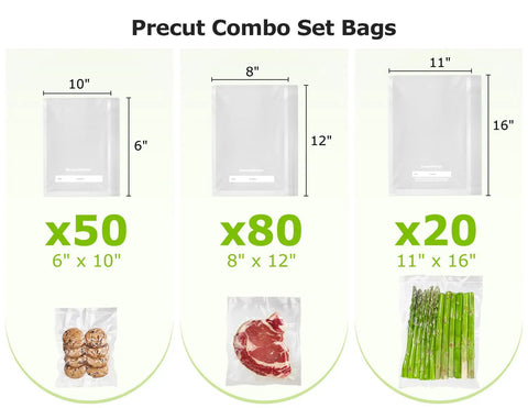 Pro Grade Vacuum Sealer Bags Set For Quick Meal Prep And Sous Vide, 150 Count In 11x16 Large, 8x12 Medium, 6x10 Small, BPA Free
