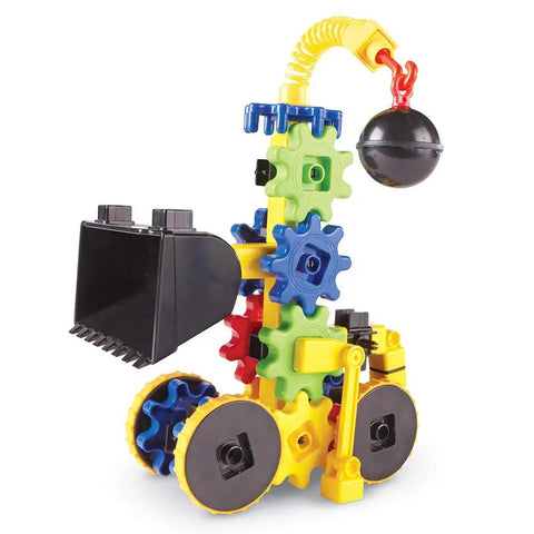 Gears Wrecker STEM Kit For Kids And Toddlers, 47 Piece Construction And Fine Motor Skills Set showing colorful gear-built digger