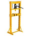 Tough As Nails 12 Ton Hydraulic Shop Press Featuring H Frame Design with sturdy yellow steel construction for garage tasks.
