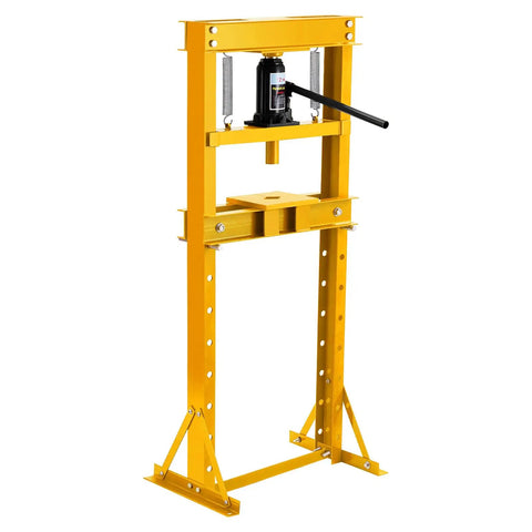Tough As Nails 12 Ton Hydraulic Shop Press Featuring H Frame Design with sturdy yellow steel construction for garage tasks.