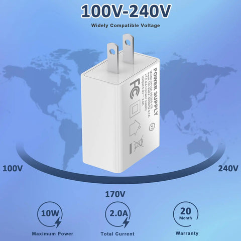 UL Listed 5V 2A USB Wall Charger 2 Pack Fast Charging Plug For iPhone And Apple Watch Travel Ready Go To Compact Block Cube Works Worldwide 100-240V, white USB wall charger