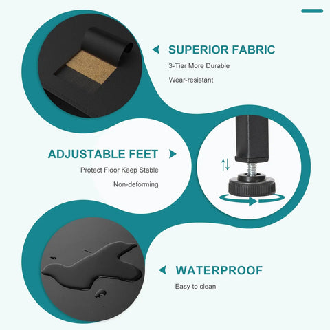 Features of Dope Nine Drawer Black Dresser: superior fabric, adjustable feet, and waterproof design for easy cleaning.